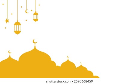 Yellow mosque shape and Islamic hanging lantern on white background