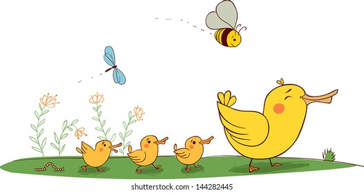 Yellow mother duck with little yellow ducklings
