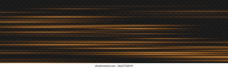 Yellow motion blur light streaks forming horizontal stripes on dark transparent background. Abstract speed lines for dynamic UI and fast-moving digital designs.