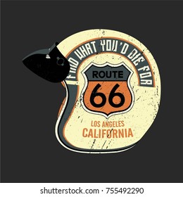 Yellow motorcycle helmet with route 66 sign and slogan on it
