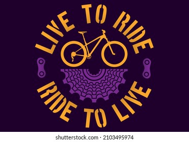 Yellow mountain bike over a half back  bicycle cassette with Live to ride, ride to live sentence over dark violet background vector illustration, vector art. ideal for stamps and t-shirts