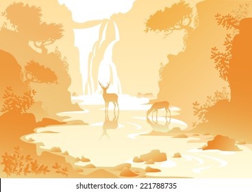 yellow mountain landscape with a waterfall and deer 