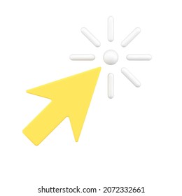 Yellow mouse pointer clicking on web site page 3d icon vector illustration. Badge logotype pointing to link internet connection online browsing isolated. Cyberspace cursor for searching and looking