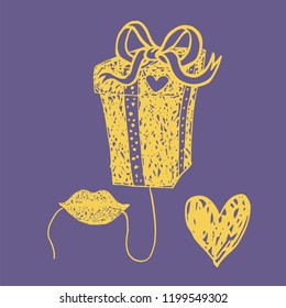yellow mout holding a thread with gift box as balloon isolated on a violet background