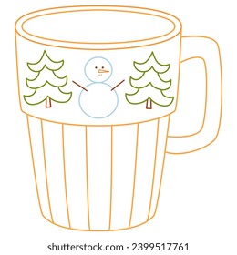 Yellow mug with Christmas tree and snowman Christmas mug in flat style. Cup of tea, hot drinks, tea, cocoa. line art.