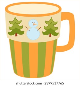 Yellow mug with Christmas tree and snowman Christmas mug in flat style. Cup of tea, hot drinks, tea, cocoa.