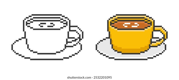 Yellow Mug with Coffee in Pixel Style. Simple vector illustration