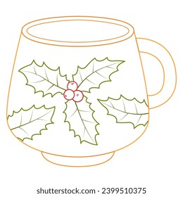 Yellow mug with holly berry. Christmas coffee mug in Line art, flat style. 