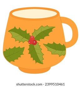 Yellow mug with holly berry. Christmas coffee mug in flat style.