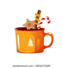 Yellow mug of hot chocolate, cocoa. Christmas drink with cinnamon, candy canes, gingerbread cookies. Vector illustration.