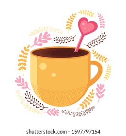 Yellow mug with hot chocolate or coffee with a pink spoon in the shape of a heart. Warming winter drink in vector. Cute cartoon illustration for Valentine's day. Isolated object on a white background 