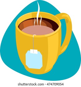 Yellow mug with hot tea and tea bag. Isolated on blue background.