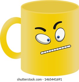 yellow mug with painted evil face on a white background isolated
