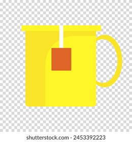 Yellow mug for tea, tea bag, brewing a drink, cup, flat design, warm colors, simple image, cartoon style. Selling delicious tea concept. Vector line icon for business and advertising