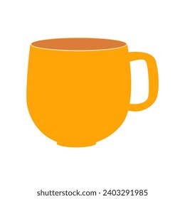 Yellow mug vector illustration. Cartoon isolated empty ceramic, porcelain or glass cup with handle for coffee and tea break in office and at home, tableware for hot morning drink for breakfast