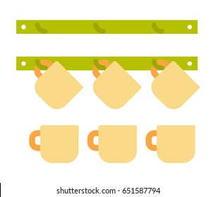 Yellow mugs stand and hang on the kitchen hanger vector flat material design isolated on white