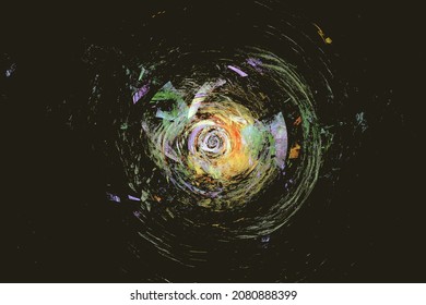 Yellow multicolored pattern of curved lines on a black background. Abstract vector image.