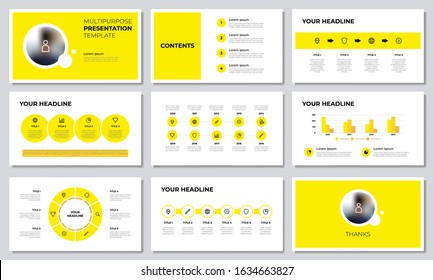 Yellow multipurpose presentation template with list, options, steps, timeline, workflow, graph, diagram. Business infographic, layout for slide, brochure, banner, annual report, advertising, marketing