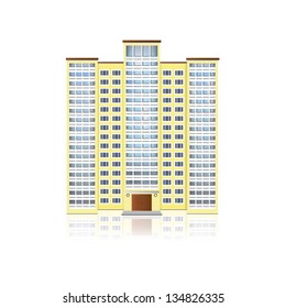 yellow multi-storey residential building with reflection