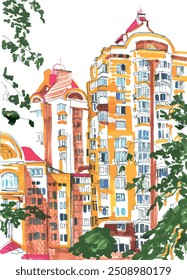 Edificio amarillo de varios pisos pintado marcador dibujo de acuarela aislado sobre fondo blanco ramas de árbol. arquitectura europea moderna cielo vacío blanco. ilustración de arquitectura pintada por artista	