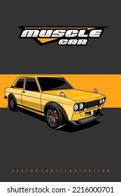 YELLOW MUSCLE CAR ILLUSTRATION WITH A GRAY BACKGROUND