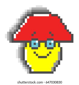 Yellow mushroom with red hat in pixel style with blue eyes and smile on white background