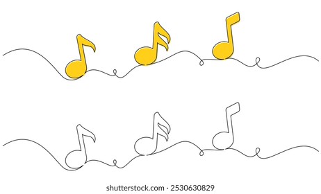 Yellow music notes drawn in a continuous line art style. Vector illustration for creative, musical-themed designs.