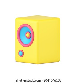 Yellow music speaker 3d icon. Volumetric retro audio speaker with blue loudspeaker. Equipment for parties and home listening music. Speaker system for professional studio. Realistic isolated vector