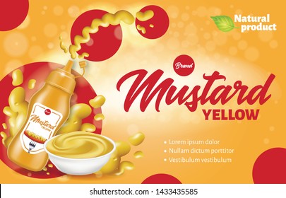 Yellow Mustard Bottle and Plate with Product and Splashes, Fresh Natural Ingredients, Brand Template, Emblem for Groceries, Stores, Packaging and Advertising Banner, 3D Vector Realistic Illustration