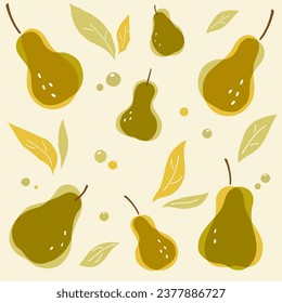 Yellow and mustard colored pears, pattern harmoniously arranged with leaves.