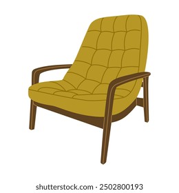 Yellow mustard comfortable armchair in retro style. Modern design element for cozy home interior. Hand drawn vector illustration isolated on white background, flat cartoon style.