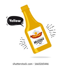 Letra amarilla mostaza. Dibujo gráfico plano vector dibujado a mano sobre fondo blanco aislado. Concepto vectorial de publicidad Ketchup, plantilla. Salsa clásica caliente en una botella