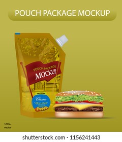 Yellow mustard pouch mockup. Vector eps 10. Digital vector yellow mustard package mockup, ready for your logo and design. mockup background template. Mockup poster background template.