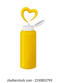 Yellow mustard sauce in bottle with label with heart splash.Vector illustration in 3D realistic style Isolated on white background. 