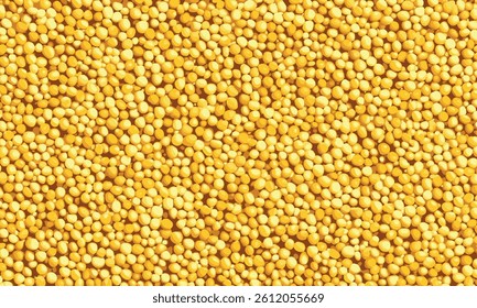 Yellow mustard seed spread background. Dry yellow sinapis alba grains, mostarde balls pattern vector illustration. Whole grain mustard as background, top view.