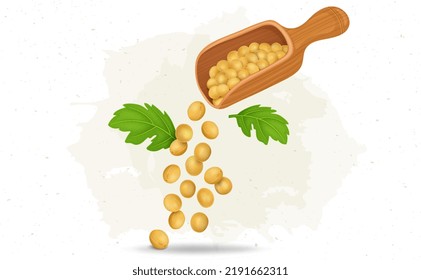 Yellow Mustard Seeds falling from the wooden spoon with mustard plant leaves vector illustration
