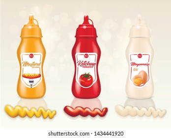 Yellow Mustard, Tomato Ketchup, Mayonnaise Bottles Set with Wavy Samples Splashes Isolated on White Background. Design Elements for Advertising Promo Banner, 3D Vector Realistic Illustration, Clip Art