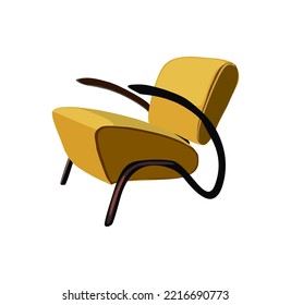 Yellow mustard vintage mid century modern accent arm chair vector realistic illustration isolated on white background. Retro 70s, 80s trendy interior design element.