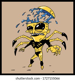 insecto mutante amarillo. Parte de la cabeza se va. Gracioso carácter vectorial de halloween