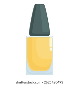 Yellow nail polish bottle closed with black cap standing upright