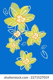 Yellow narcissus isolated on the blue background for cards, posters, wallpaper. Vector illustration. 