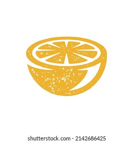 Yellow natural lemon half monochrome grunge texture logotype decorative design vector illustration. Hand drawn citrus vitamin fruit hand drawn logo isolated on white. Piece of fresh organic food cut