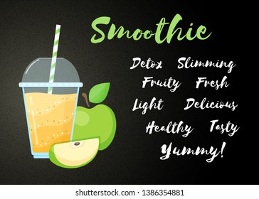 Yellow natural smoothie apple shake vector illustration. Big sign Smoothie, glass with cup and straw, filled with sweet tasty smoothies drink cocktail for fast food menu design or healthy detox banner