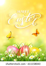 Yellow nature background with sun beams and lettering Happy Easter, flying butterflies and three colorful Easter eggs on grass and flowers, illustration.