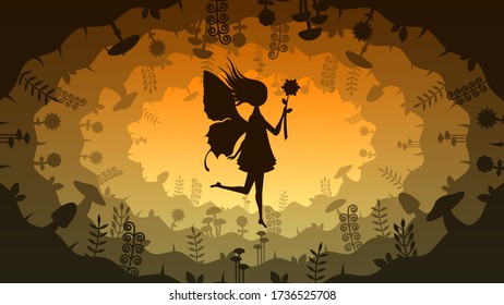 Gelbe Natur Hintergrund Vector Silhouette mit Fairy