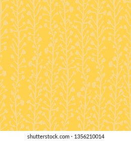 Yellow nature texture background. Seamless vector pattern of abstract plants in yellow hues. Branches and leaves growing in vertical direction. Subtle foliage texture for summer fabric, page fill