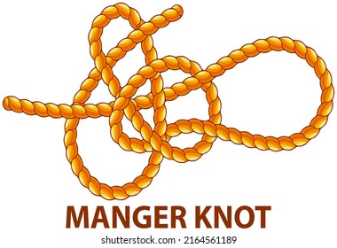 Gelber nautischer Seil-Knoten, Verflechtung von Seilen, Kabeln, Bändern oder anderen flexiblen linearen Werkstoffen. Der Manager wurde auf Weiß isoliert. Verbindungs- und Befestigungsgerät für den Hausgebrauch zur dauerhaften Befestigung