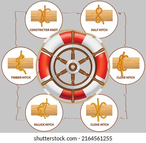 Yellow nautical rope knot, interweaving of ropes, tapes or other flexible linear materials. Twisted tape set of rope knots, hitches, bows, bends. Fastening any tackle or connection between two cables
