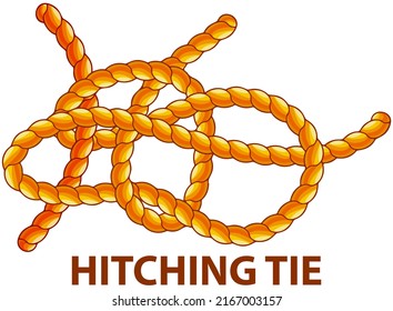 Yellow nautical rope knot, interweaving of ropes, cables, tapes or other flexible linear materials. Hitching tie isolated on white. Household binding and fastening unit for permanent fastening