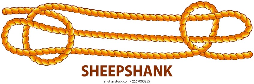 Yellow nautical rope knot, interweaving of ropes, cables, tapes or other flexible linear materials. Sheepshank knot isolated on white. Household binding and fastening unit for permanent fastening